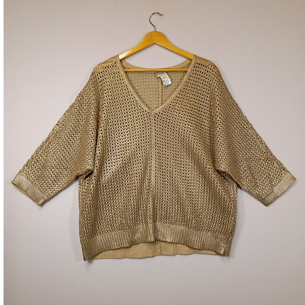 Boho Glam Chico's Women 3P Gold Metallic Open Knit V-Neck Dolman Sweater